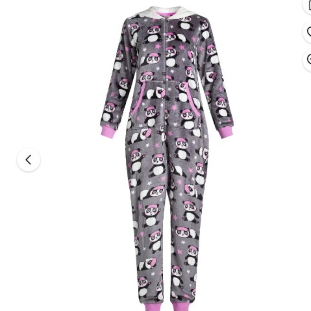 Panda One Piece Pajamas Womens Large Hooded Cozy Zip Up NEW